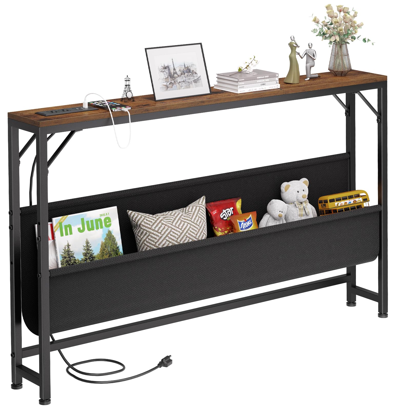 Asgolion narrow console table front view with rustic brown finish ideal for foyer decor