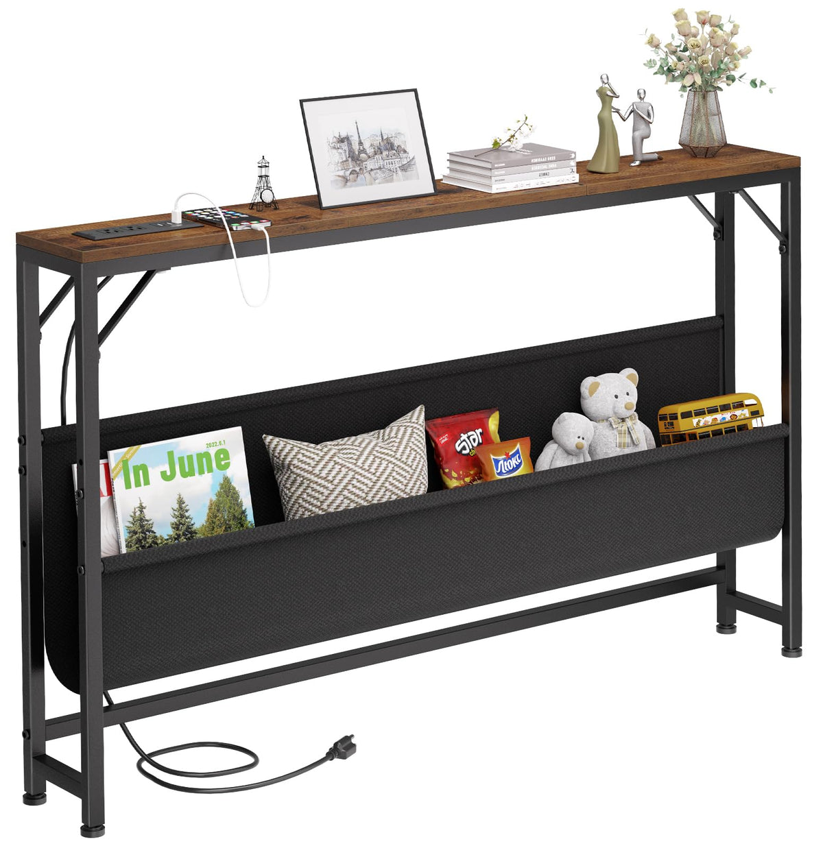 Asgolion narrow console table front view with rustic brown finish ideal for foyer decor