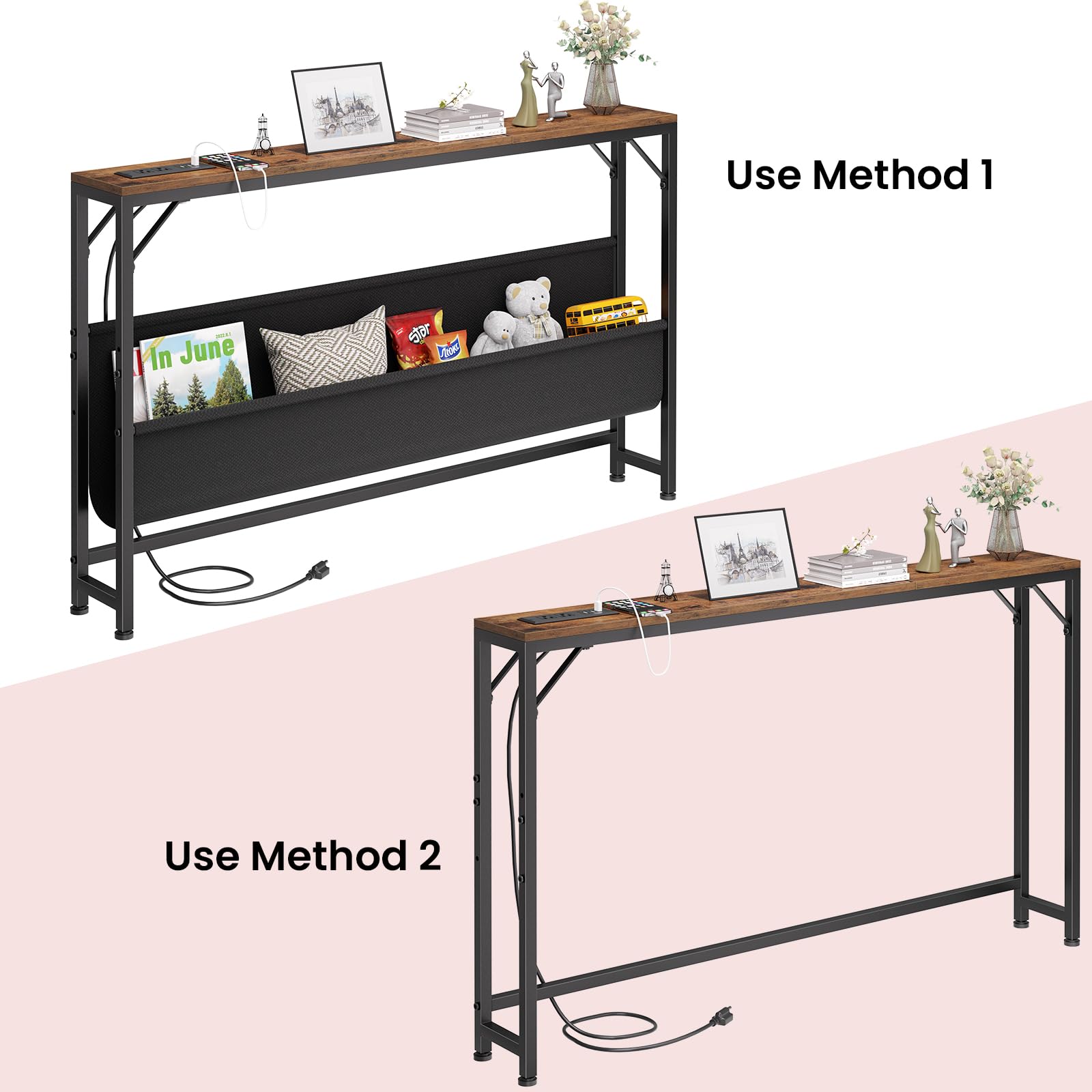 Asgolion narrow console table side view shows slim profile for narrow hallways