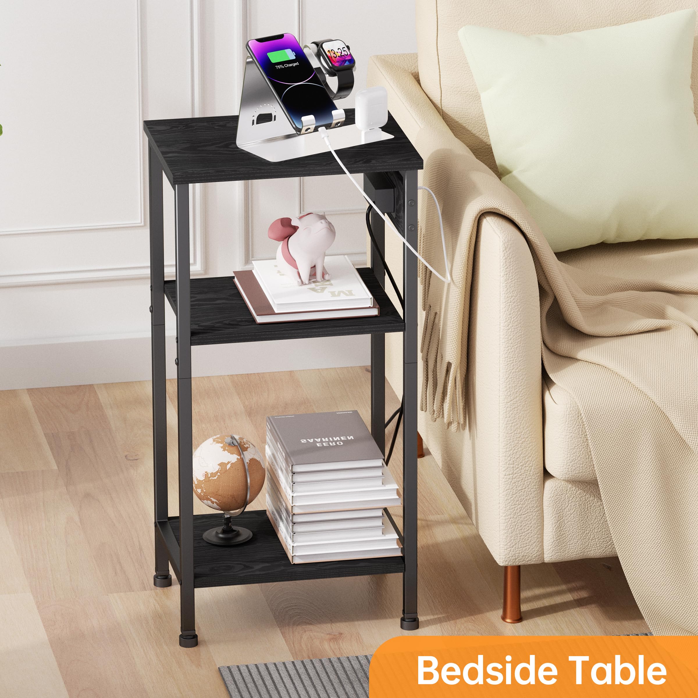Asgolion narrow 3-tier side table emphasizing compact storage.