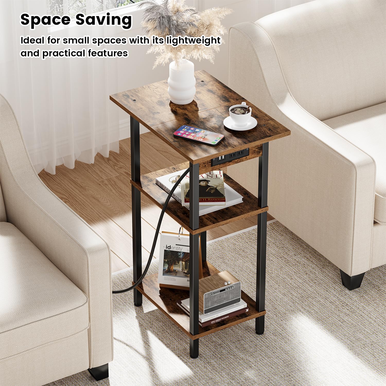 Asgolion skinny nightstand with USB ports and outlets for easy bedside charging