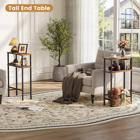 Asgolion two-tier storage shelves keep magazines and decor organized.