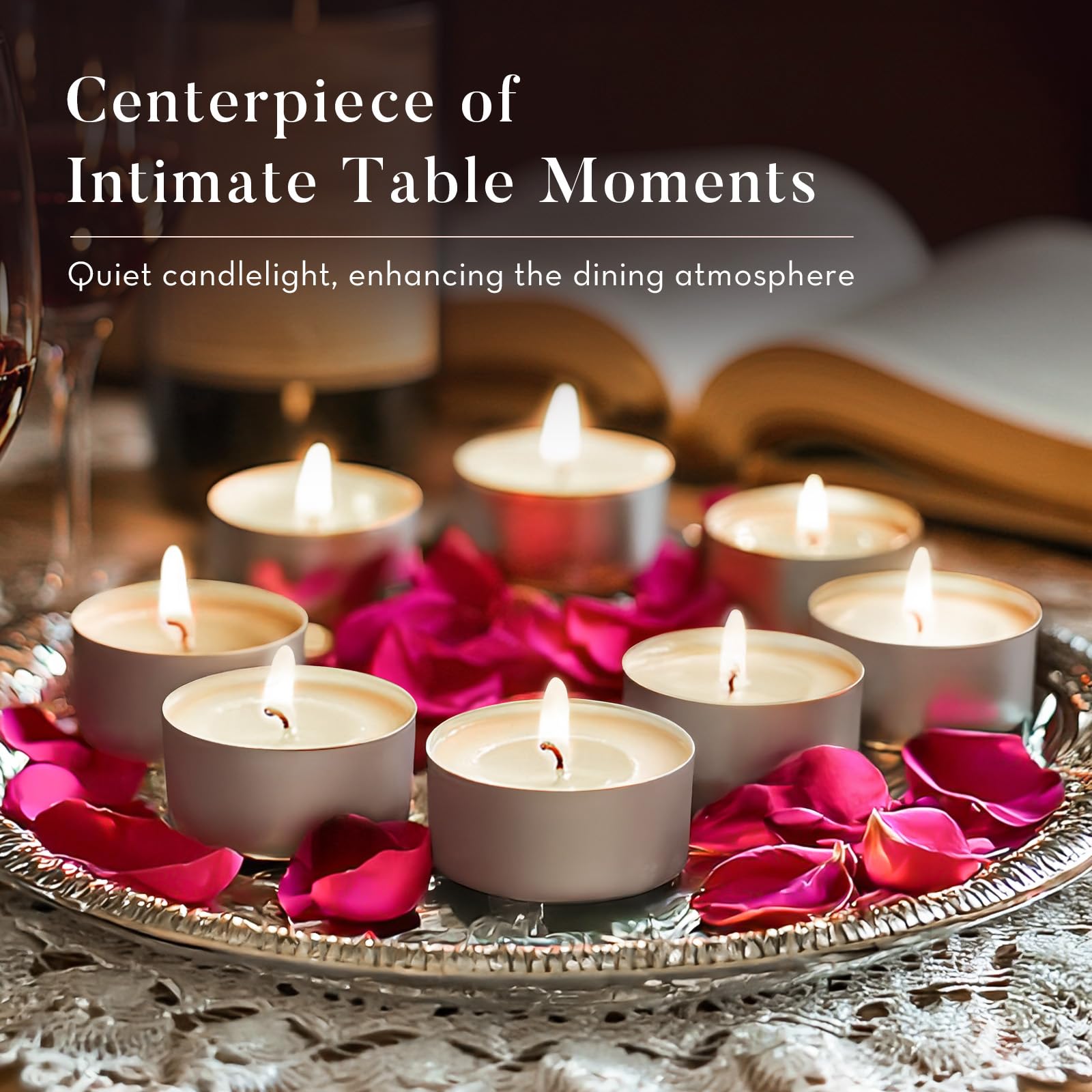 Ashlux unscented palm tea light providing dining ambience with gentle glow.
