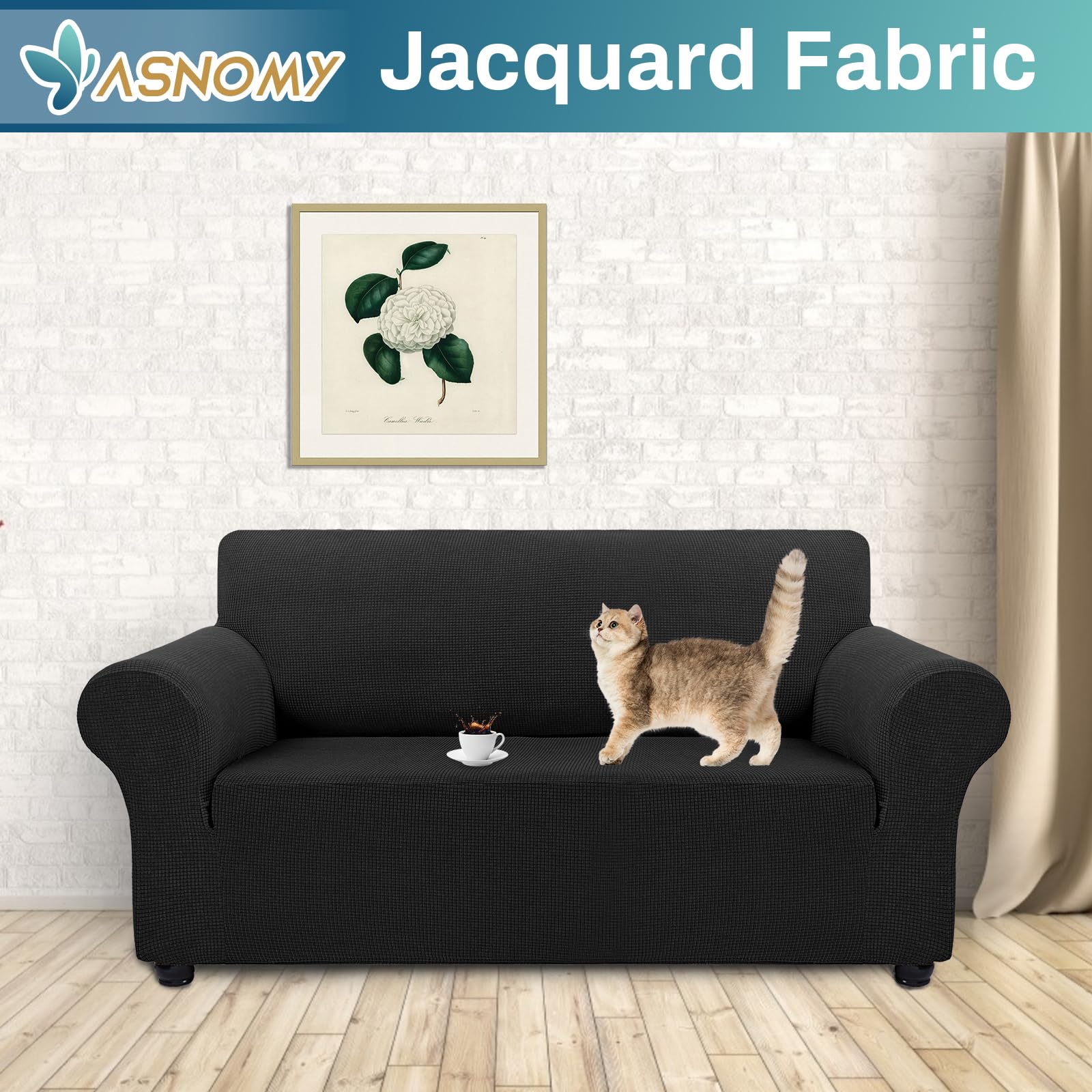 Asnomy sofa slipcover on a black couch protects from pet scratches and spills.