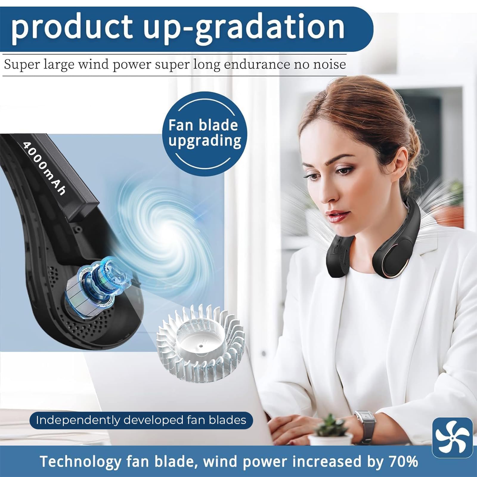 ASNUG neck fan bladeless design close-up emphasizing safe touch and airflow.