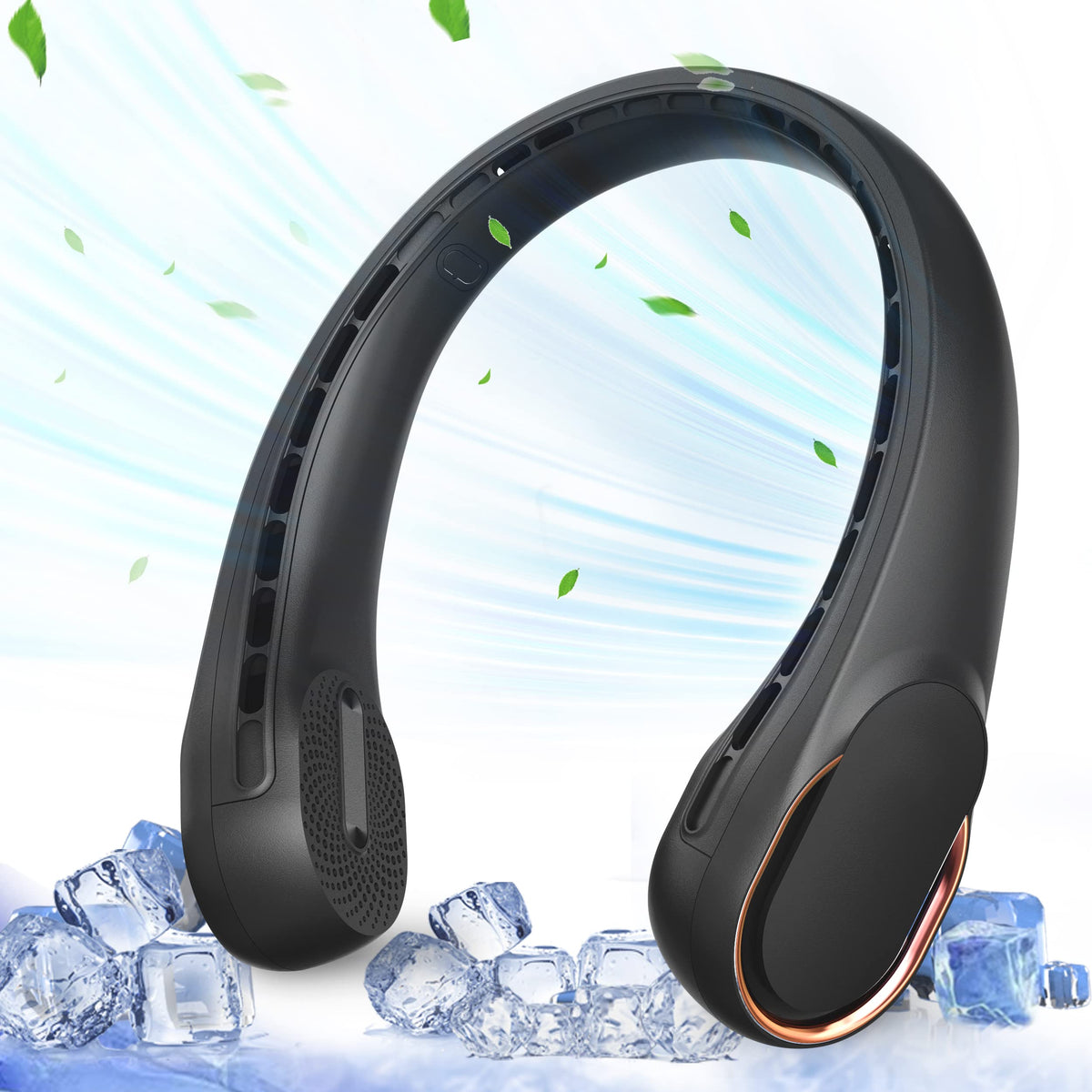 ASNUG neck fan front view showcasing bladeless design for safe cooling.