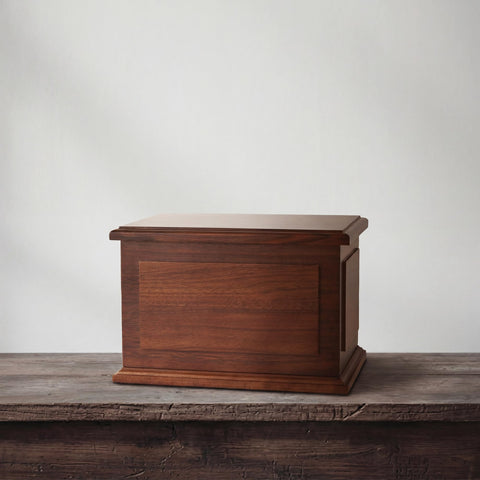 Aspen Studio walnut urn side view shows craftsmanship and secure resting place