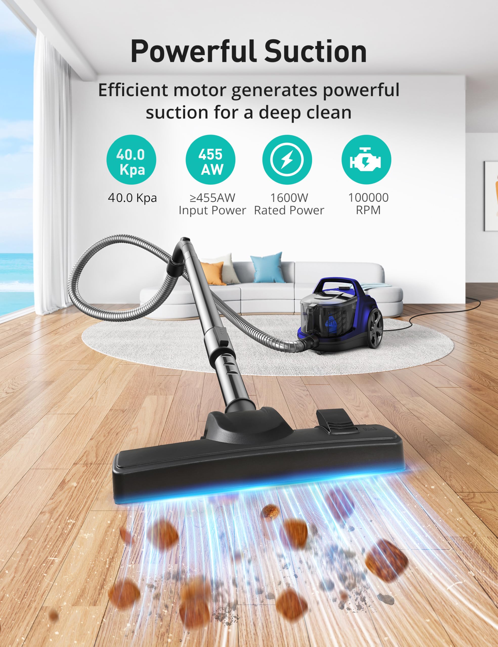 Aspiron Canister Vacuum cord rewind demonstrates effortless cord management for efficient cleaning