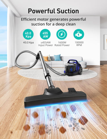 Aspiron Canister Vacuum cord rewind demonstrates effortless cord management for efficient cleaning