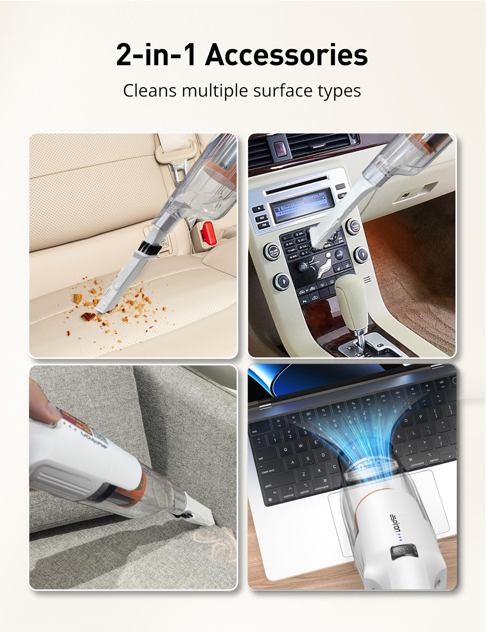 Aspiron cordless handheld vacuum ergonomic handle emphasizes comfortable grip during use.