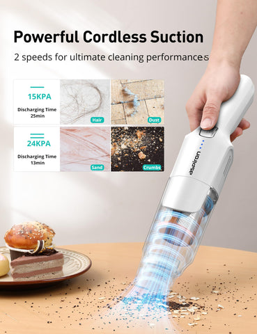 Aspiron cordless handheld vacuum two suction modes enable flexible cleaning for car and home tasks.