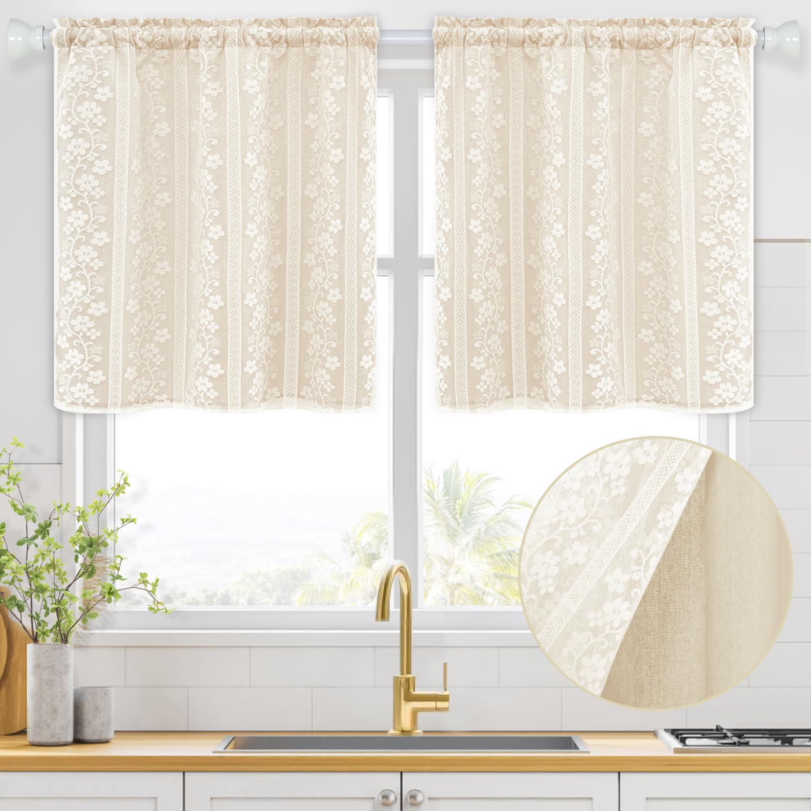 ASPMIZ Double-layered curtains with sheer lace close-up showing floral pattern and boho vibe.