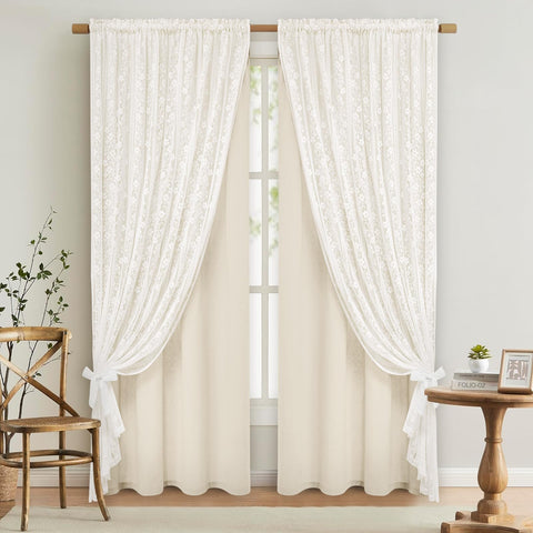 ASPMIZ linen curtain set two-layer beige design for bedroom privacy