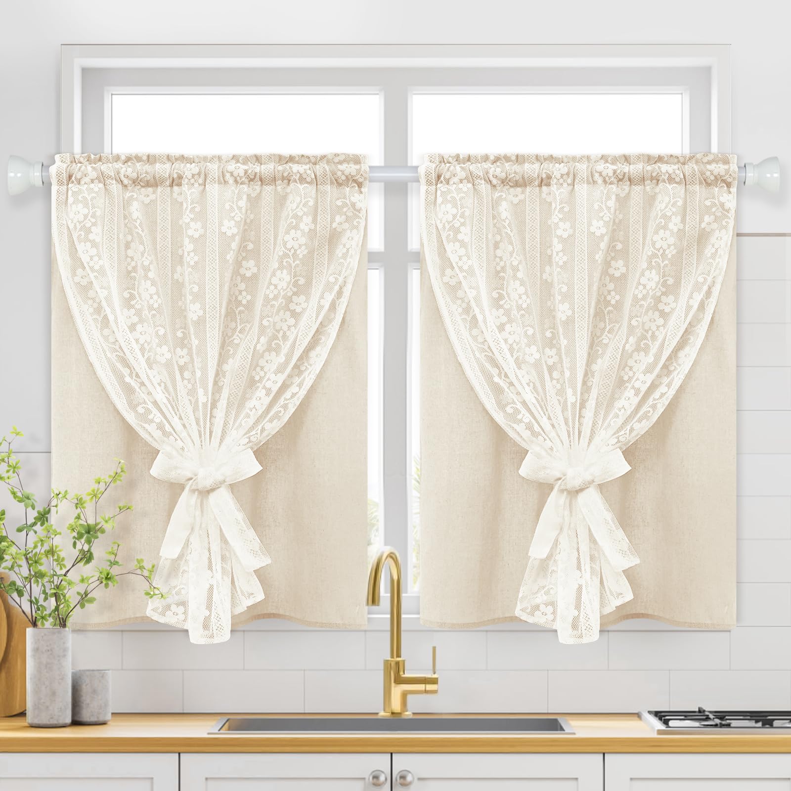 ASPMIZ Linen Kitchen Curtains front view with lace overlay for soft light and privacy.