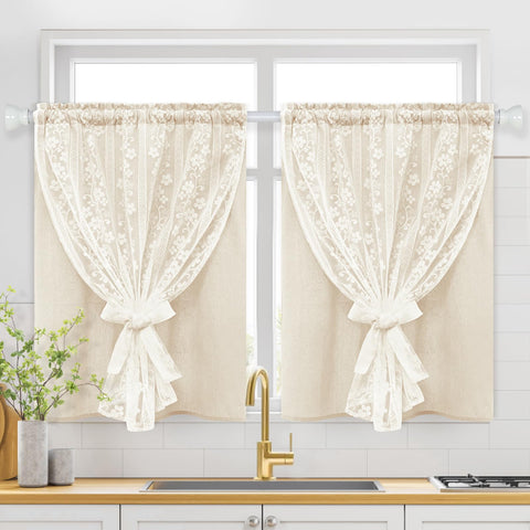 ASPMIZ Linen Kitchen Curtains front view with lace overlay for soft light and privacy.
