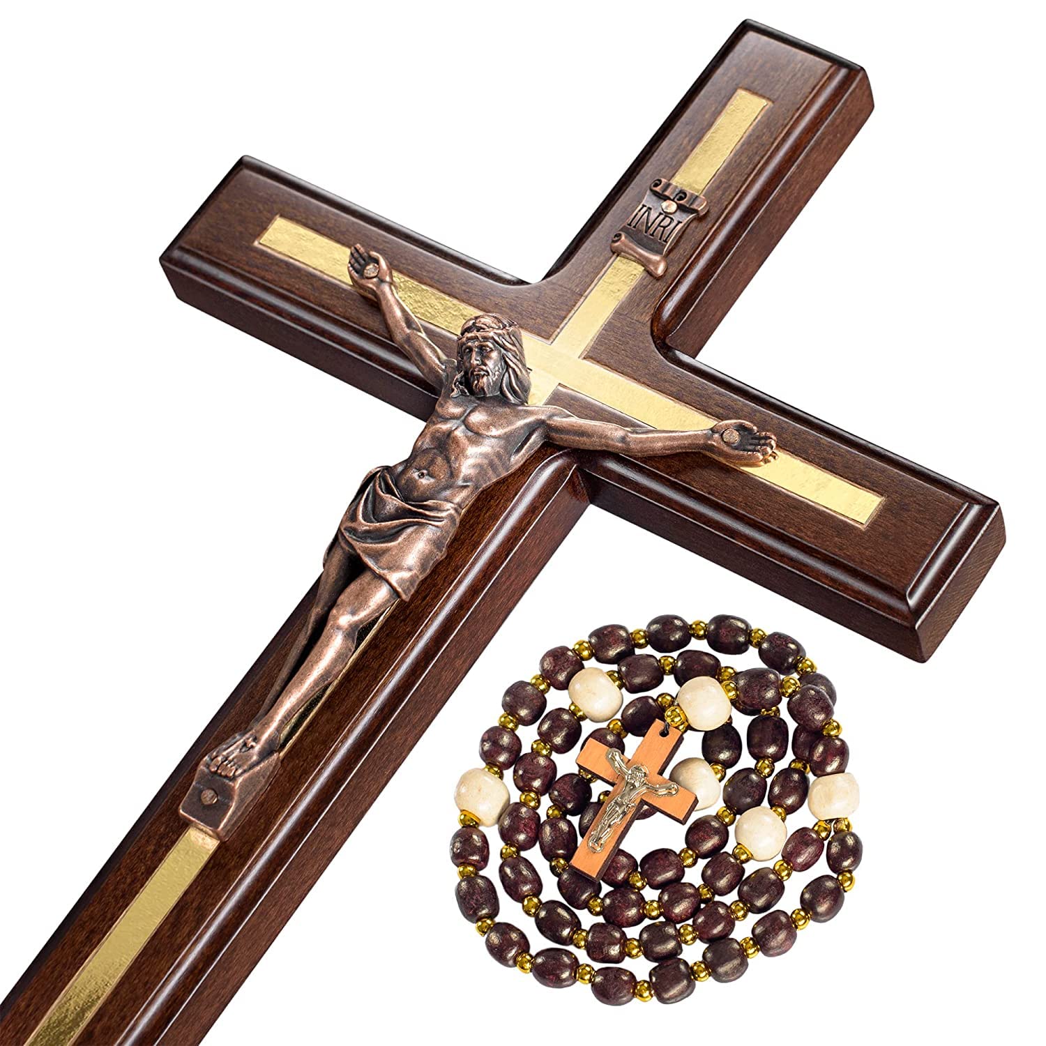 Asterom crucifix wall cross in warm wood with visible grain.