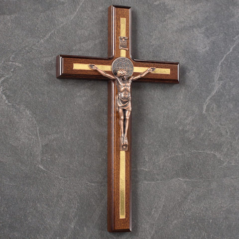 Asterom St Benedict crucifix close-up of nails and copper plated figure
