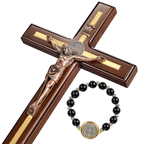 Asterom St Benedict crucifix front view shows durable hardwood and detailed Saint Benedict medal