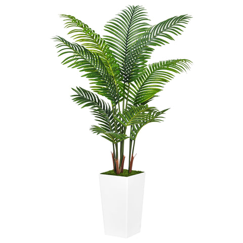 ASTIDY artificial palm tree 5ft with white planter enhances living room decor with year-round greenery.