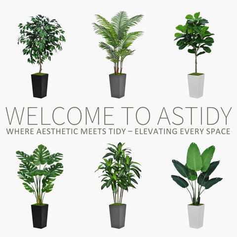 ASTIDY palm tree moss detail in black planter enhances natural aesthetic.