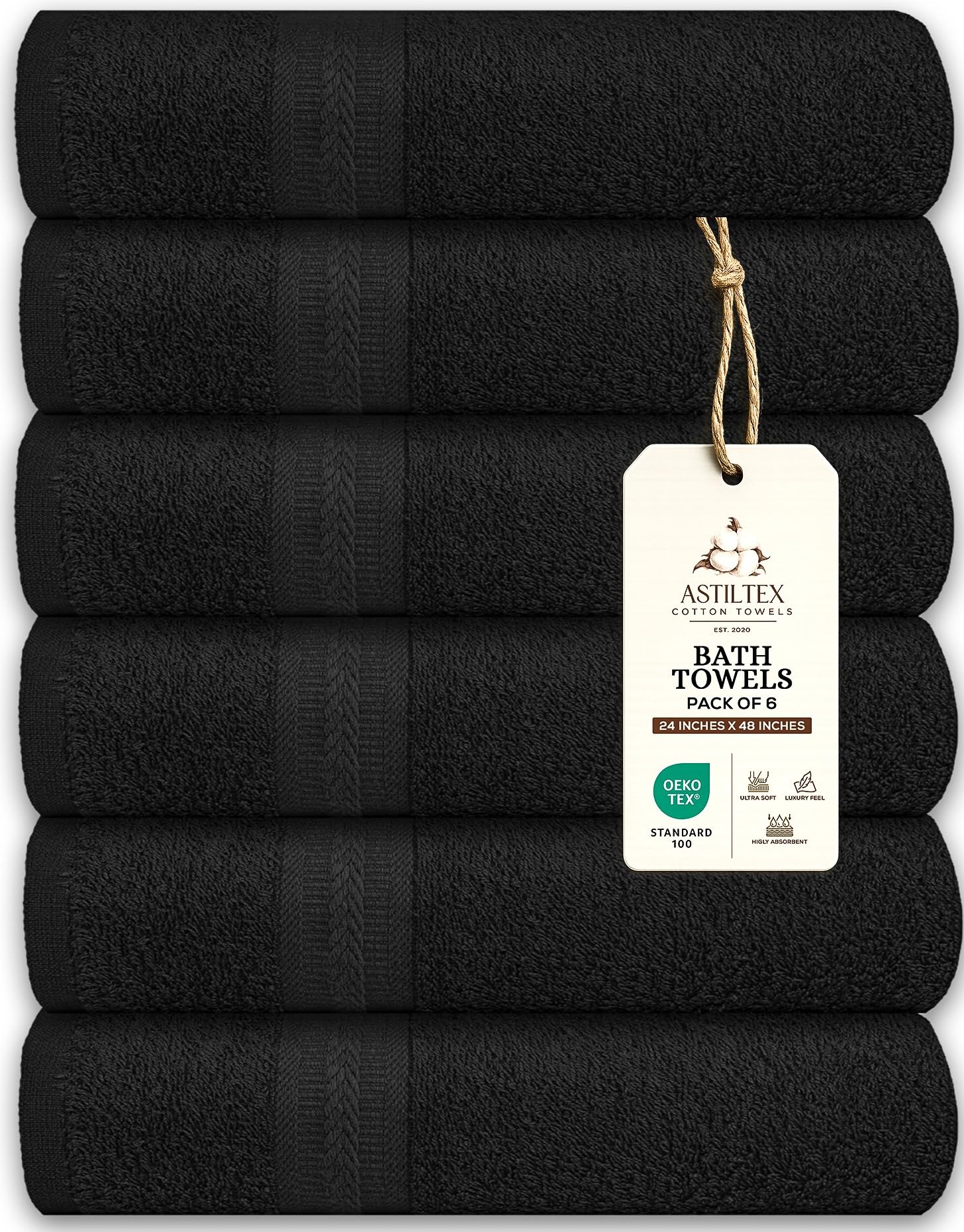 ASTILTEX bath towel flatlay in black shows soft 100% cotton finish.