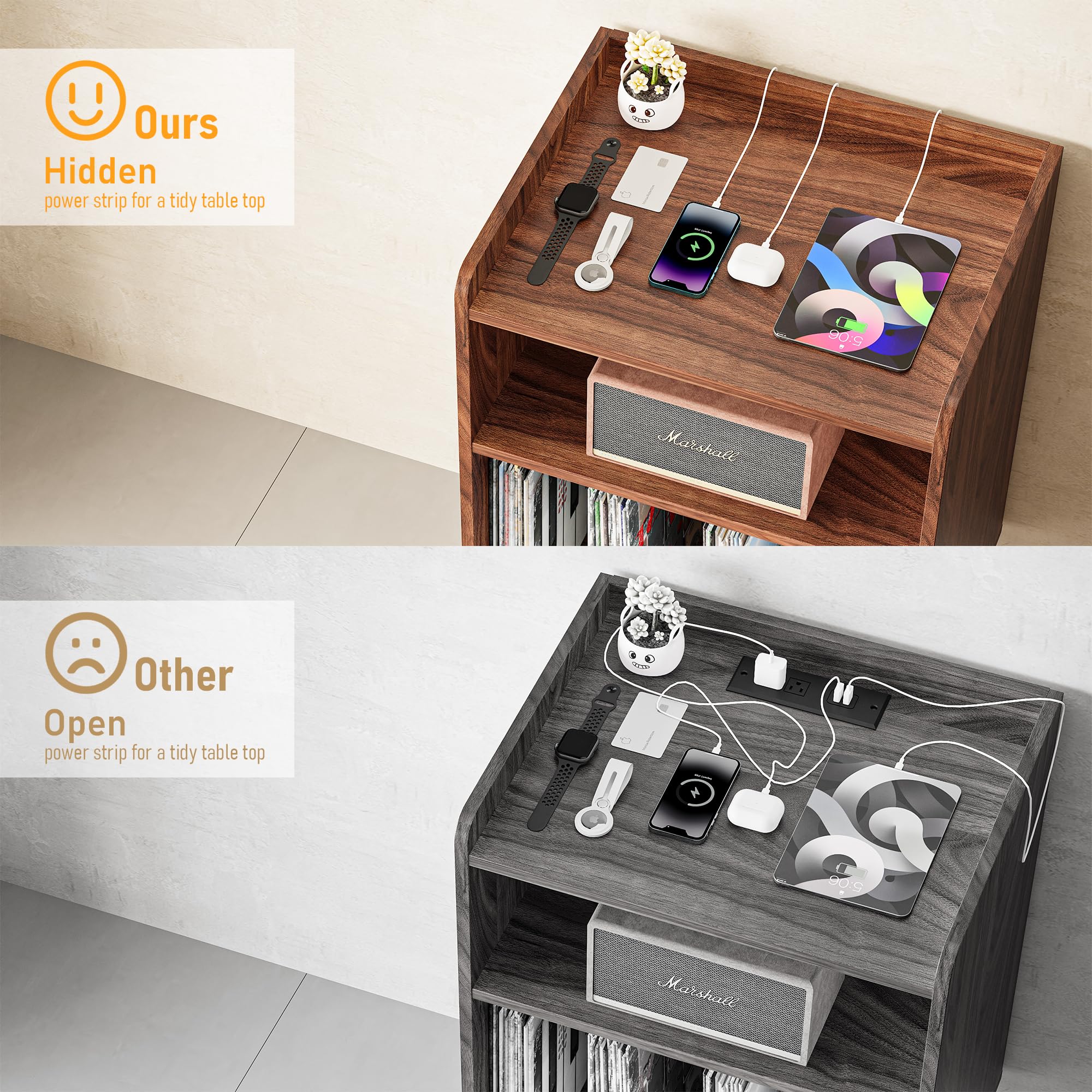 Astimey walnut stand organizing vinyl records and magazines