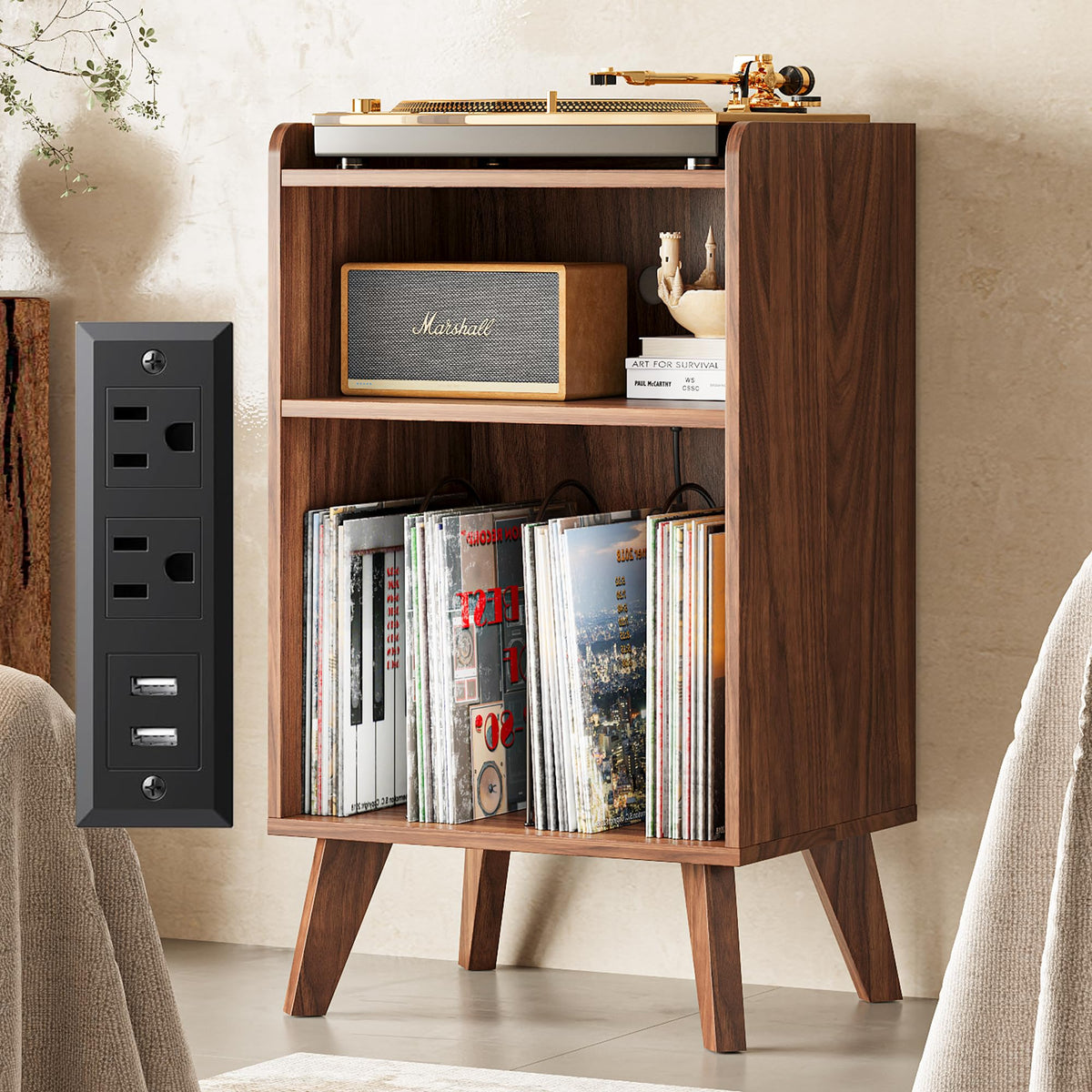 Astimey record player stand in walnut, top view showing space for a turntable
