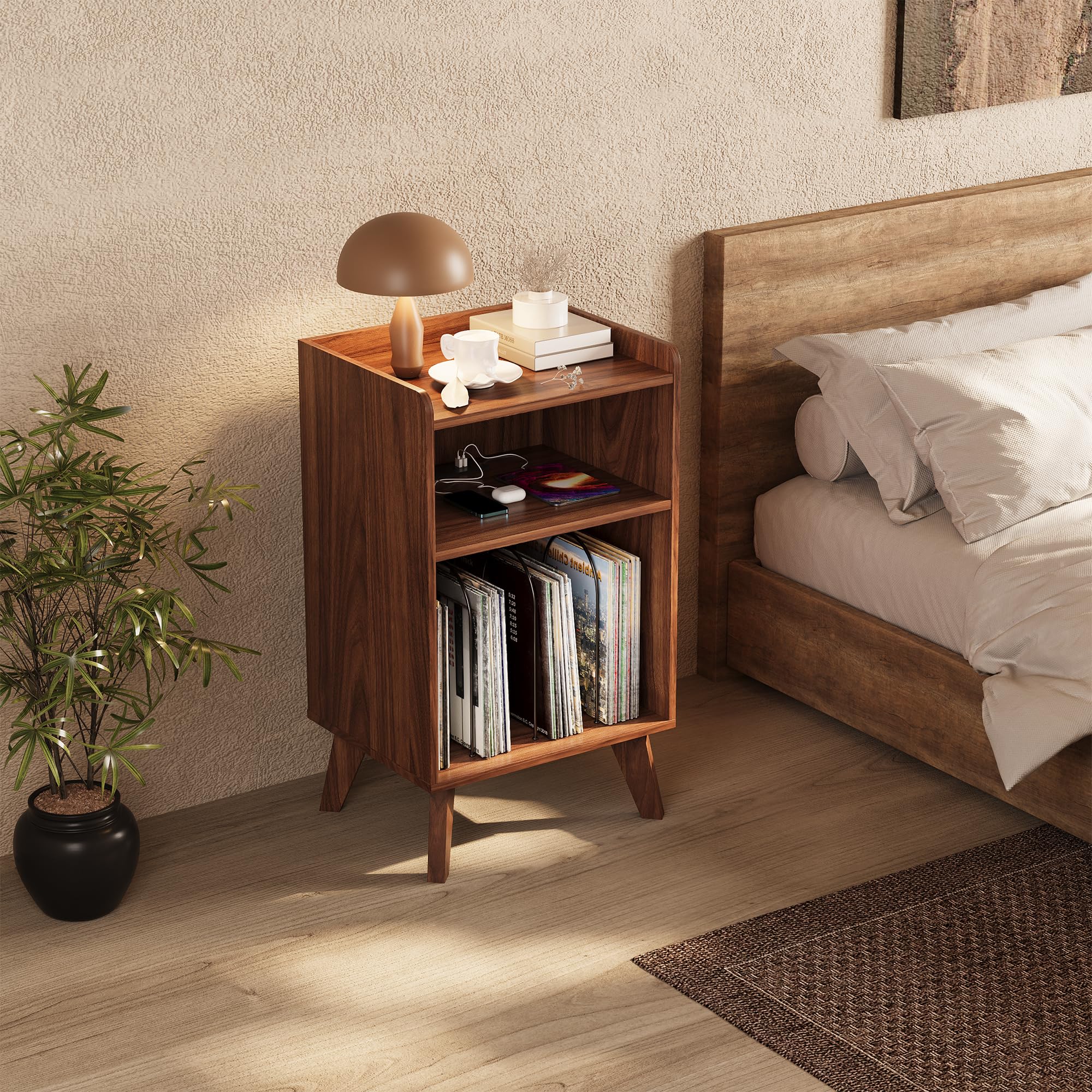 Astimey walnut record stand with side shelf for accessories
