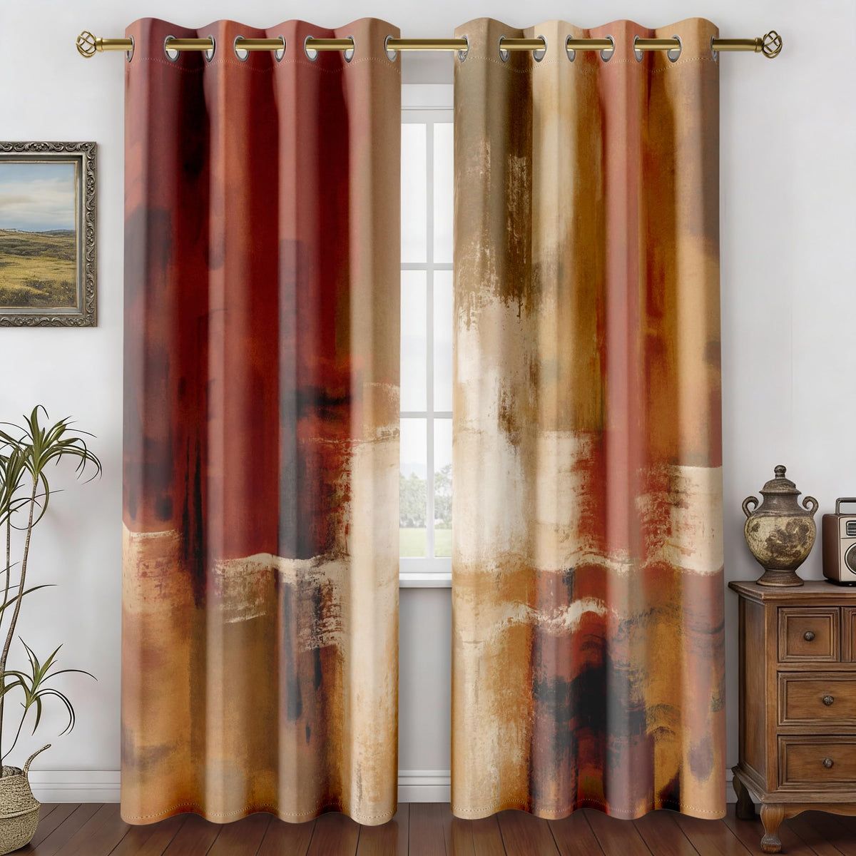 Asuexpect burnt orange curtains with abstract rust pattern lift living room ambiance.