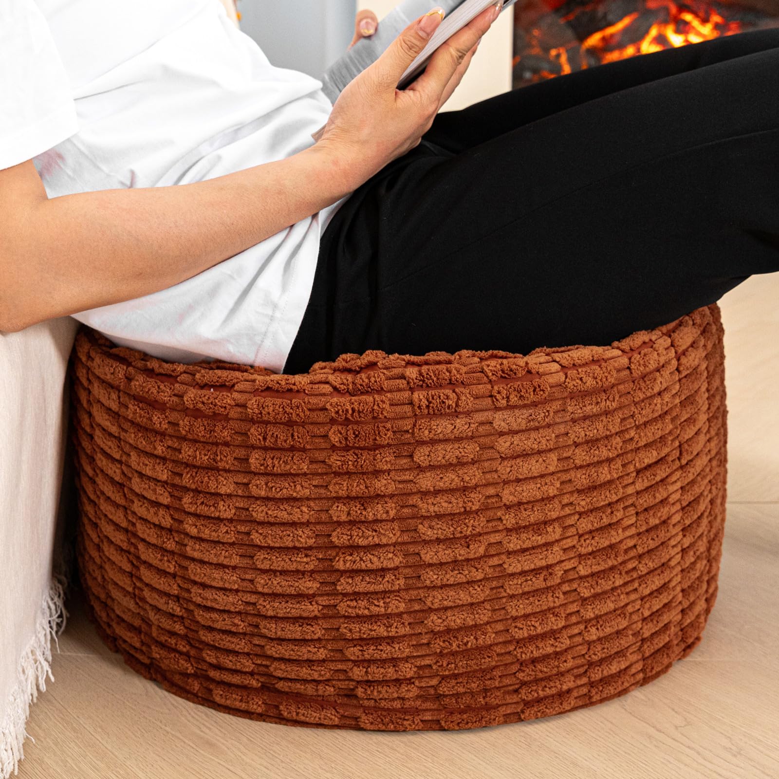 Asuprui pouf ottoman plush fibers creating durable, cozy cushion.