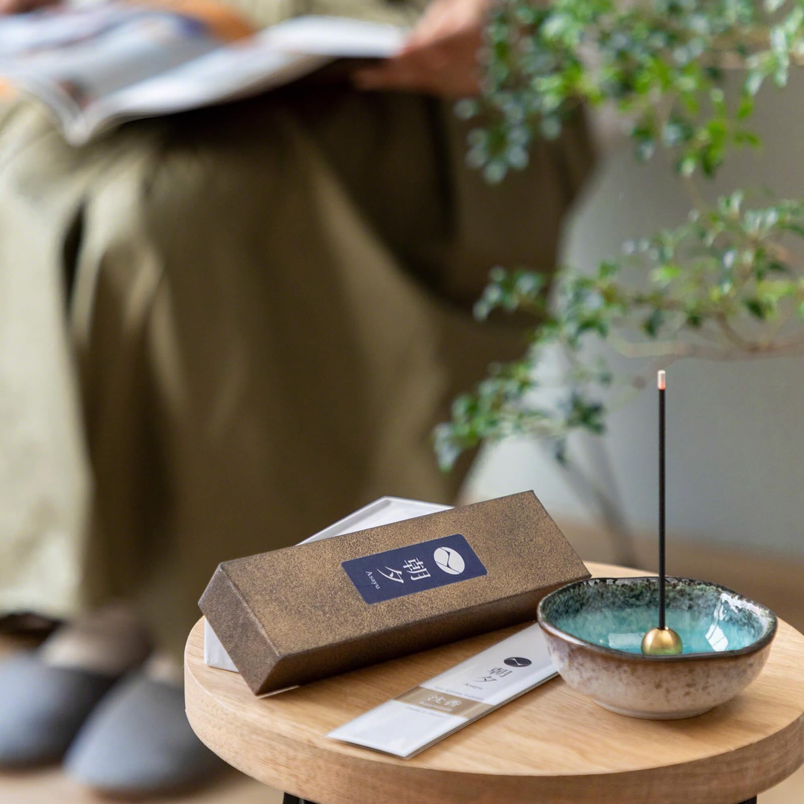 Asayu Japan incense box with product details and usage guidance.
