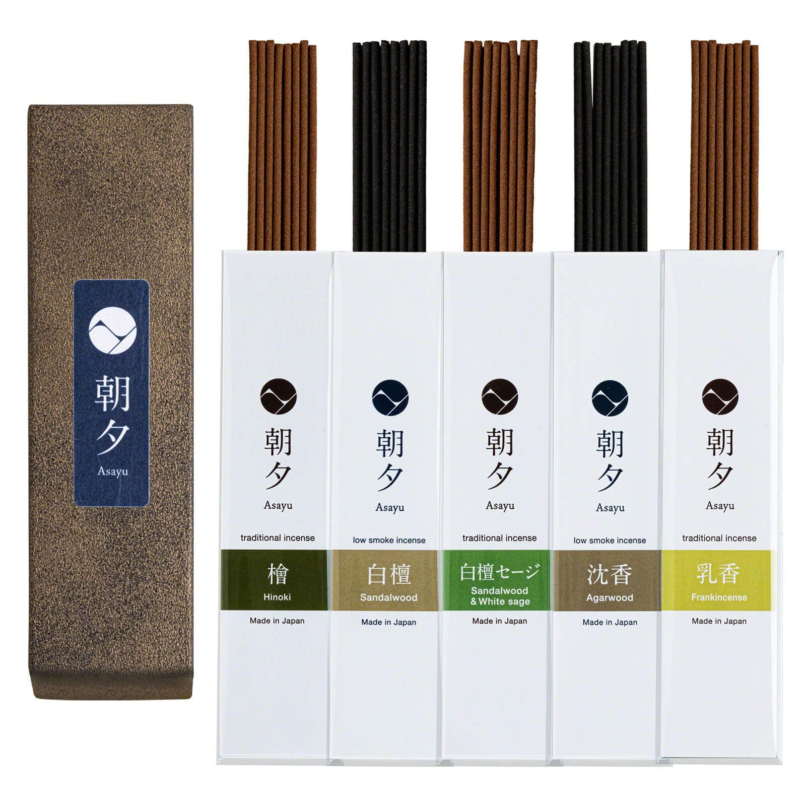 Asayu Japan incense sampler box with five natural fragrances for calming spaces.