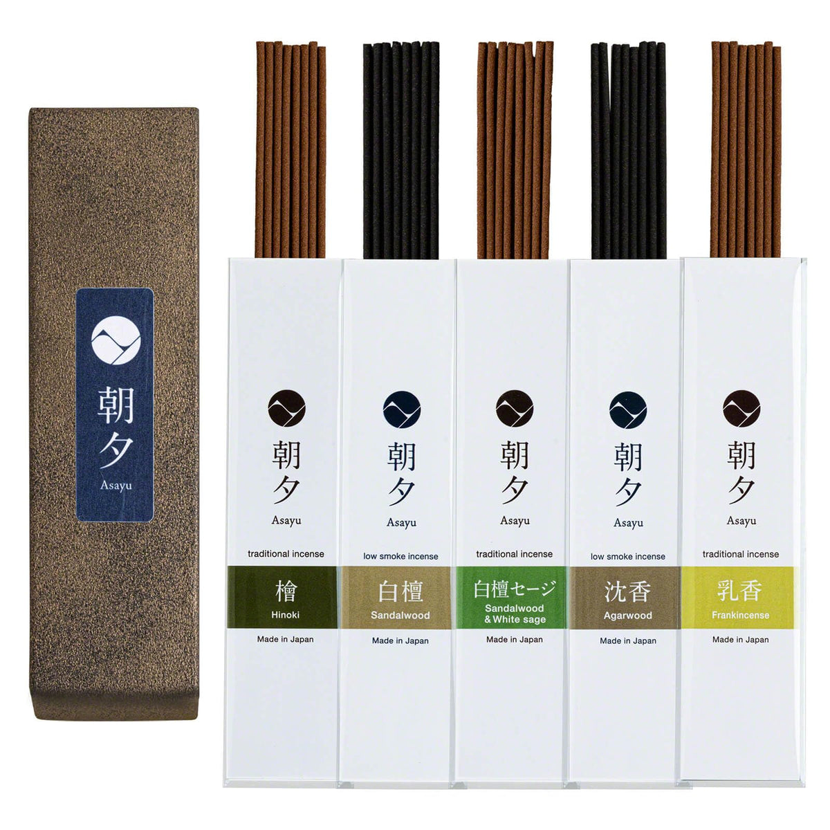 Asayu Japan incense sampler box with five natural fragrances for calming spaces.