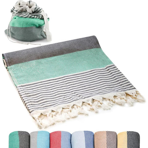 ATANI Turkish Beach Towel converts to a bag for hands-free carrying.