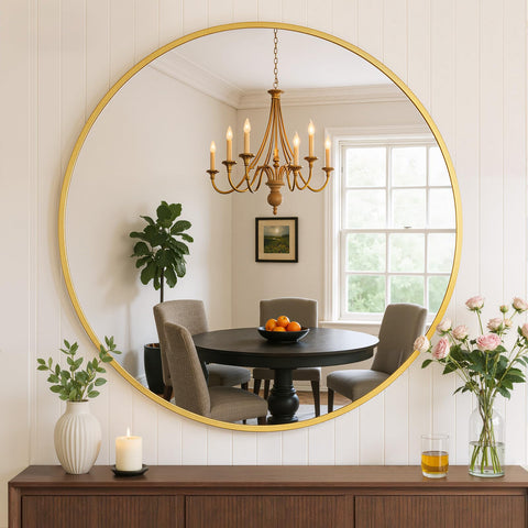 Atilioo 20-inch round bathroom mirror with matte gold frame for precise grooming.