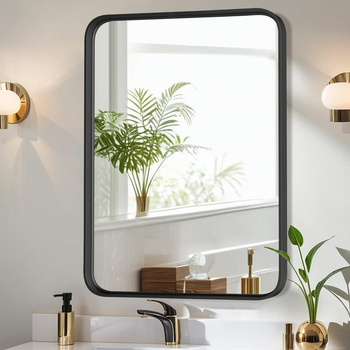 Atilioo 36x24-inch rounded mirror with black frame offering distortion-free reflection