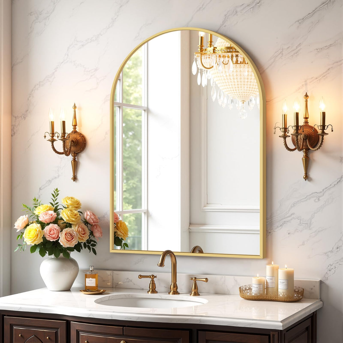 Atilioo arched mirror with matte gold frame enhances a 30x20 bathroom focal point