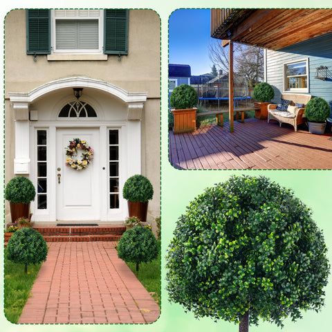ATLIKE two-pack boxwood topiary trees in planters create welcoming symmetry.