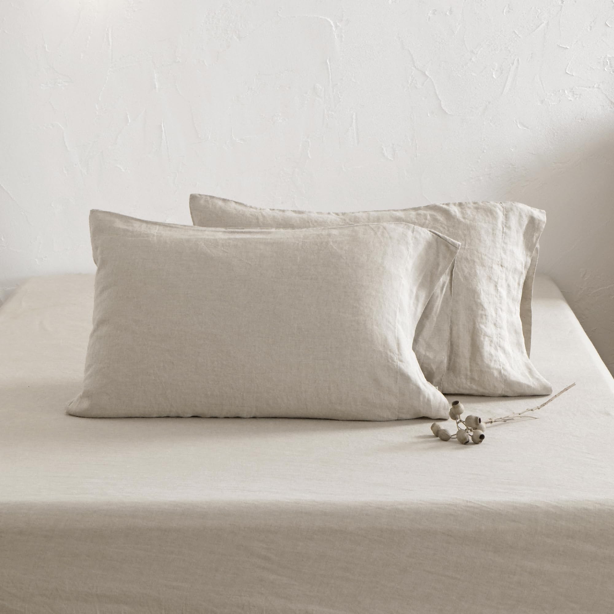 ATLINIA flax linen bedroom scene in natural shade, calm night vibe