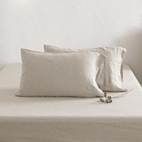 ATLINIA flax linen bedroom scene in natural shade, calm night vibe