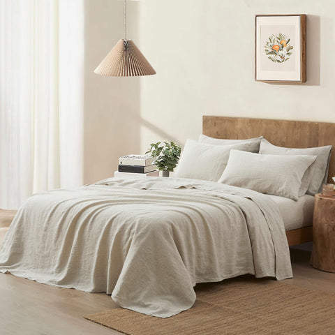 ATLINIA flax linen fitted sheet natural color, fits up to 15 inches