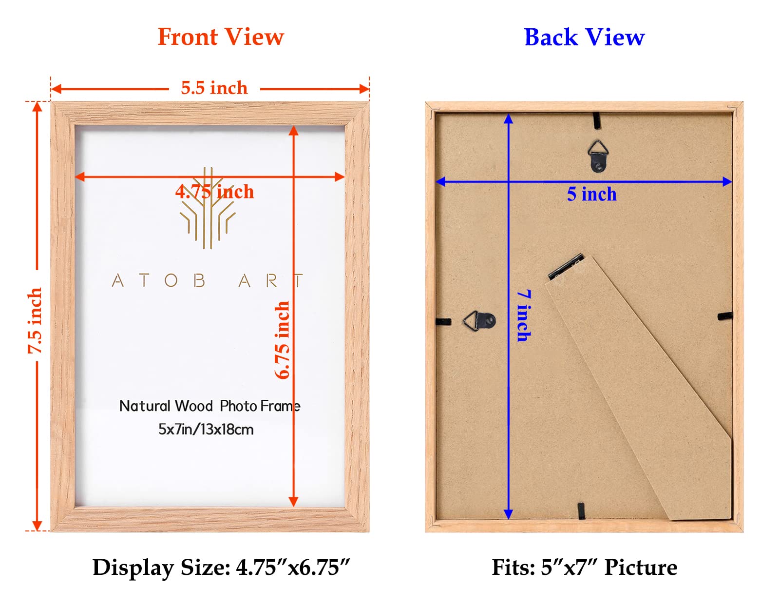 ATOBART natural oak wood frame close-up showing high-definition glass protection for photos.