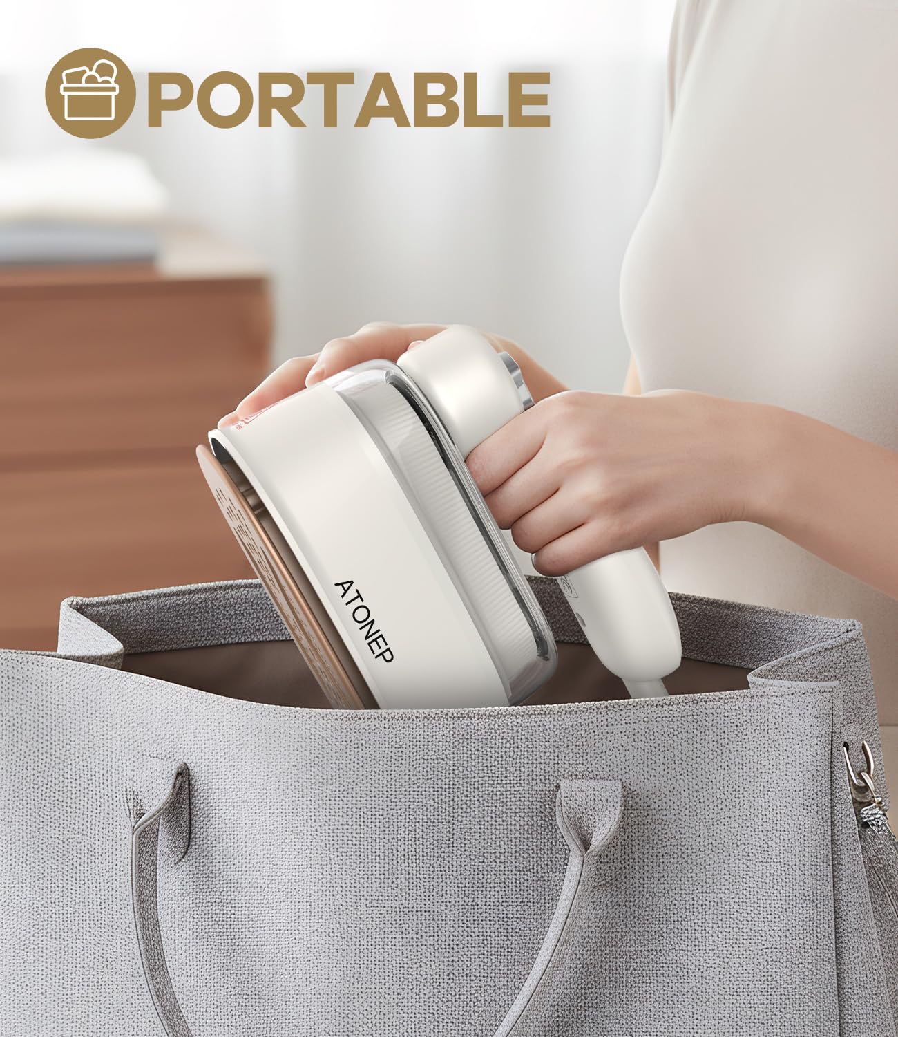 ATONEP travel steamer front tip for precise ironing around buttons