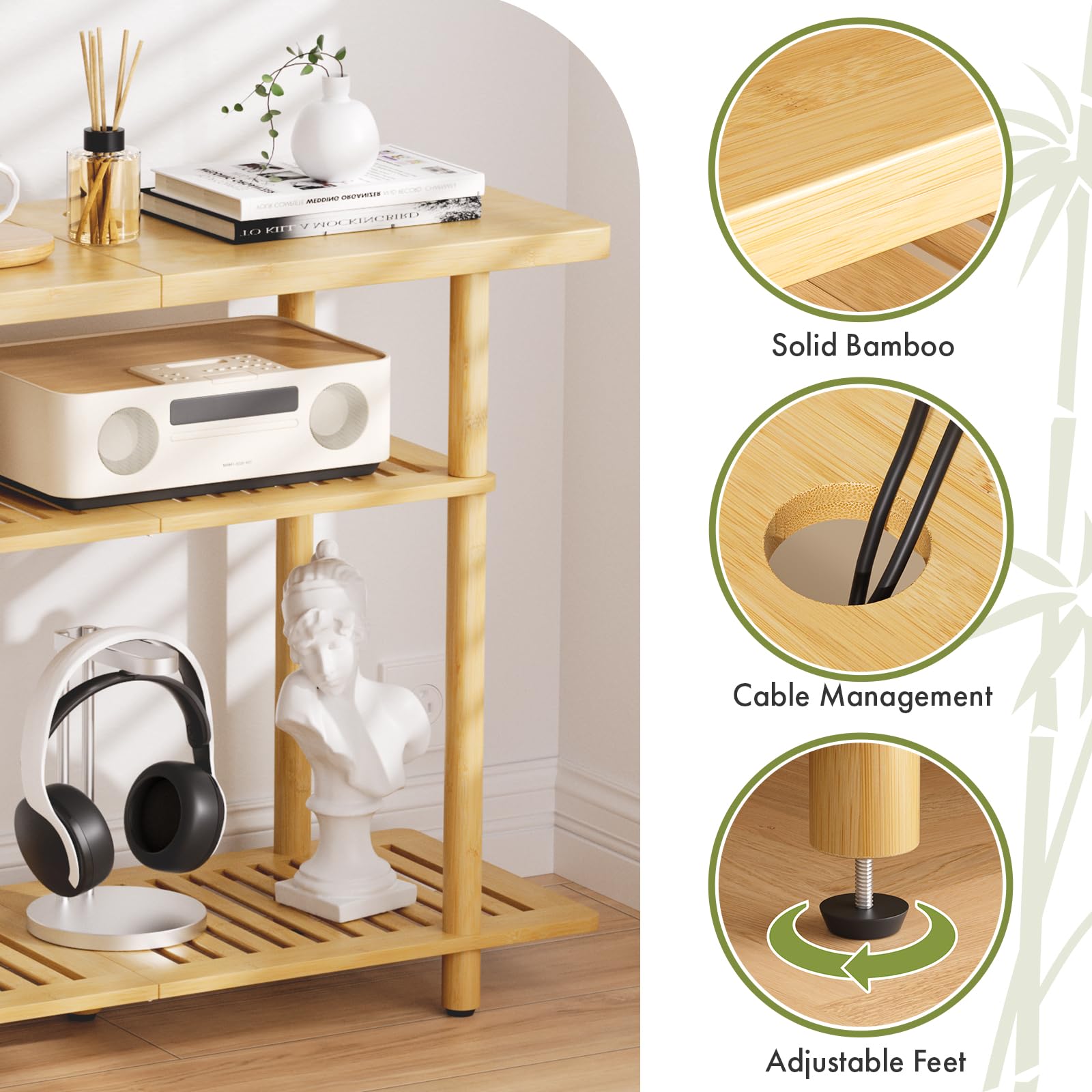 Atoping Bamboo TV Stand adjustable feet for stable placement.