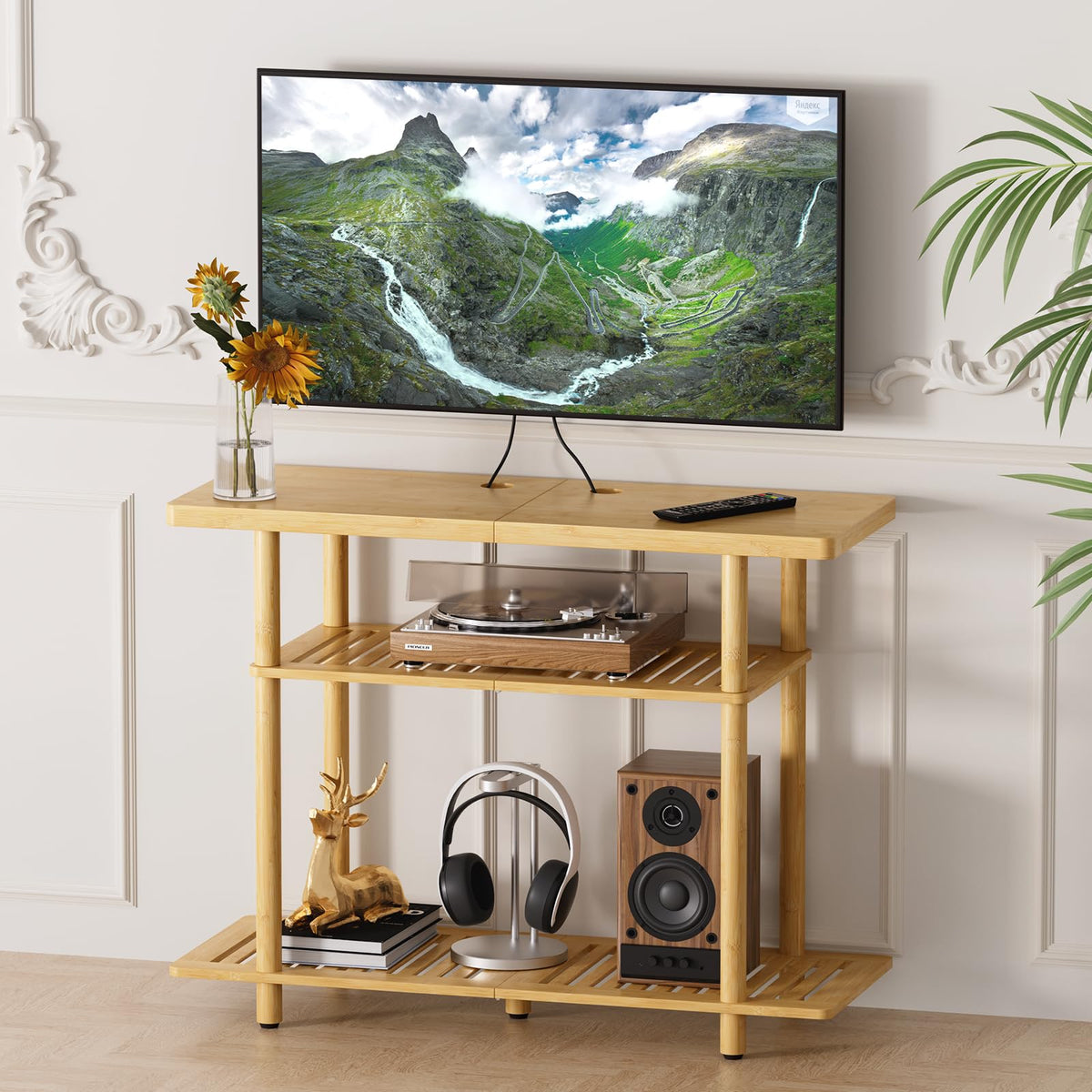 Atoping Bamboo TV Stand top shelf holds up to 60 lbs for a secure 32-inch TV setup.