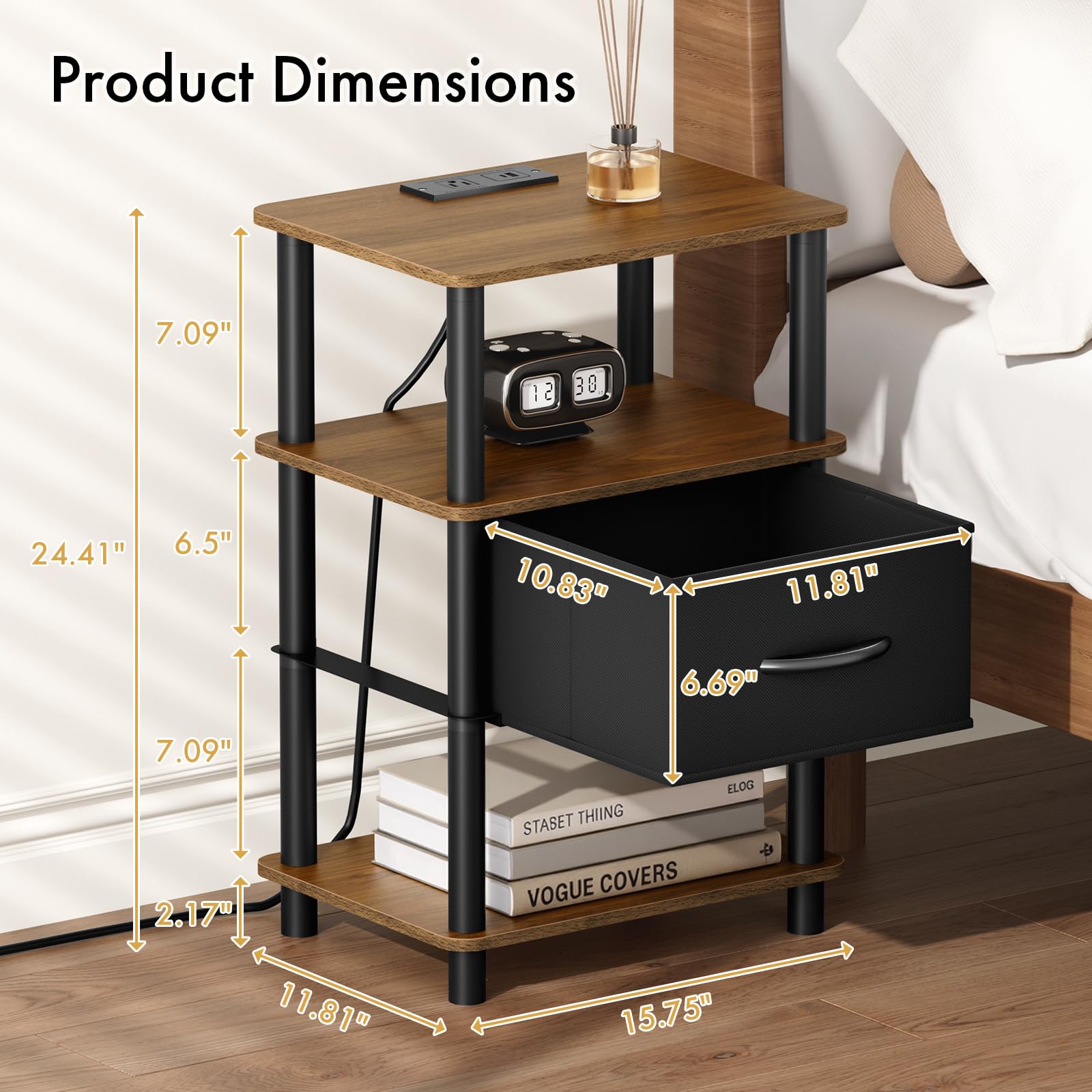 Atoping nightstand in rustic brown and black complements diverse décor