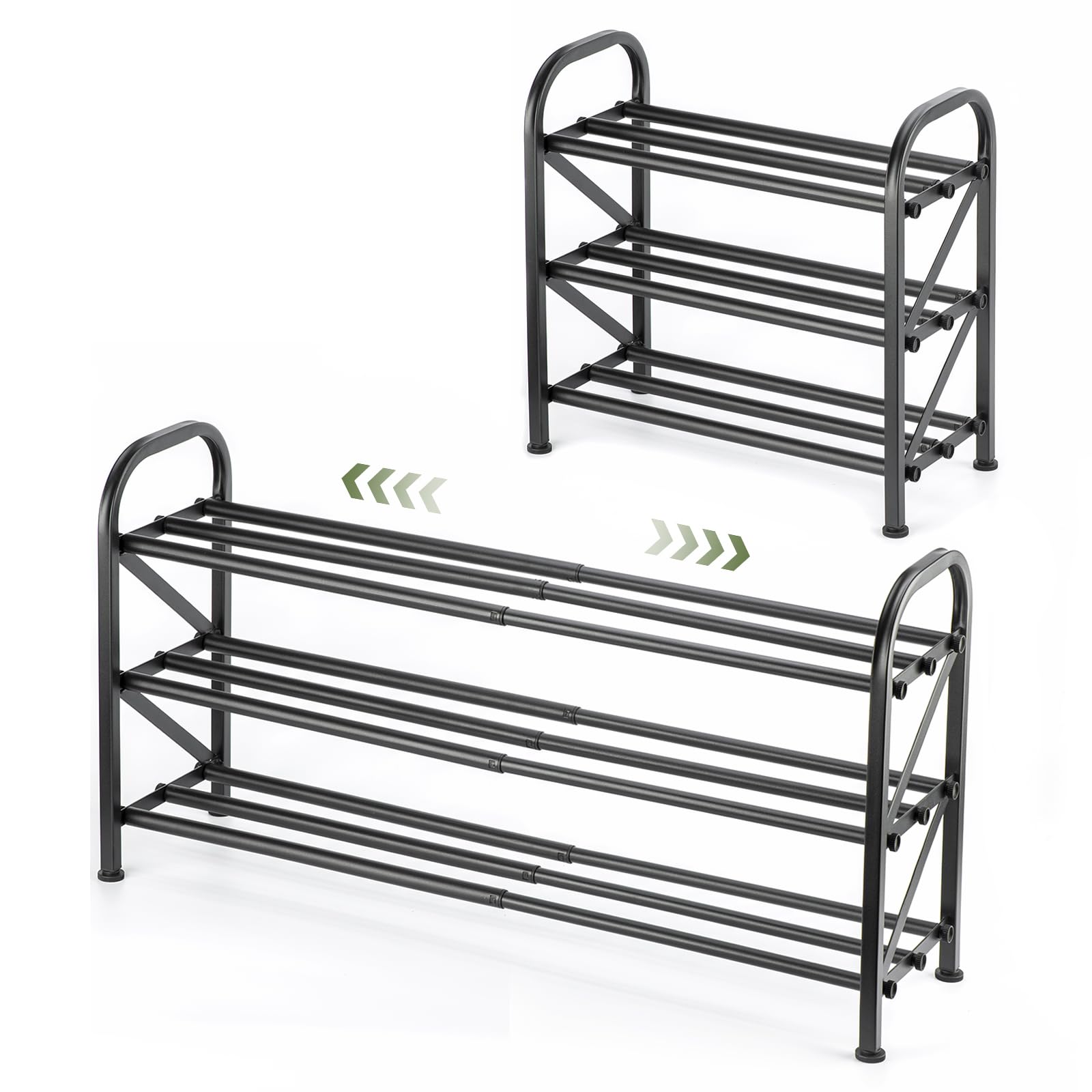 Atrastout 3-tier shoe rack extended in a closet, maximizing vertical storage for multiple pairs.