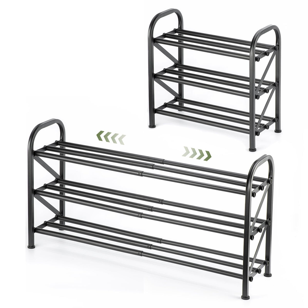 Atrastout 3-tier shoe rack extended in a closet, maximizing vertical storage for multiple pairs.