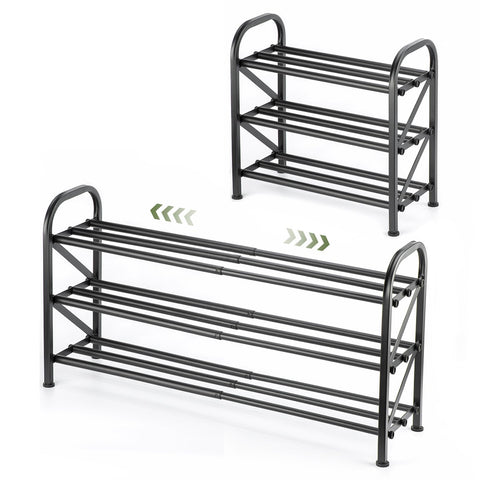 Atrastout 3-tier shoe rack extended in a closet, maximizing vertical storage for multiple pairs.