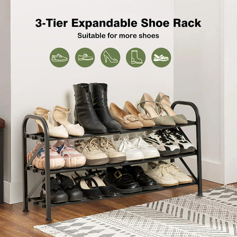 Atrastout expandable shoe rack, sturdy metal construction supports heavy footwear securely.
